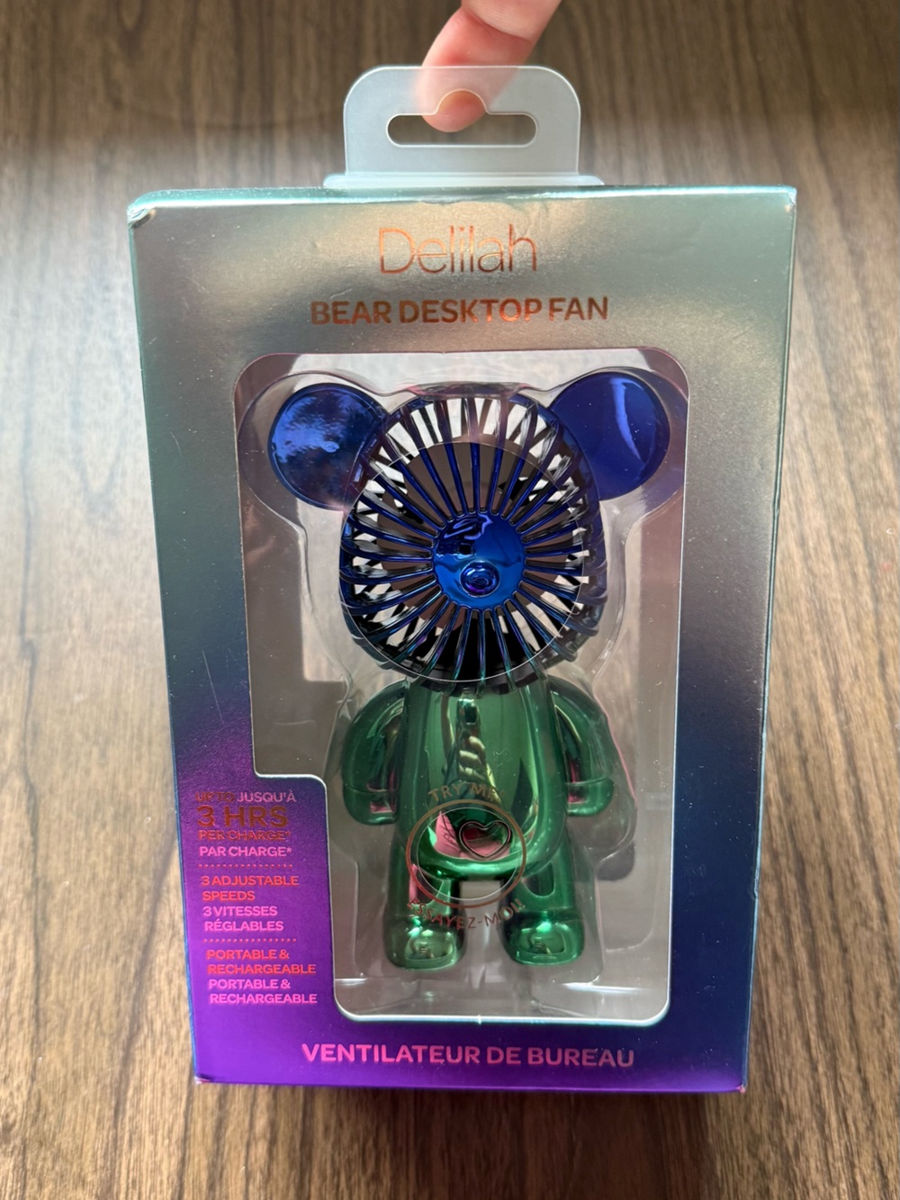 Bear Desktop Fan - Iridescent Green Body with Blue Fan